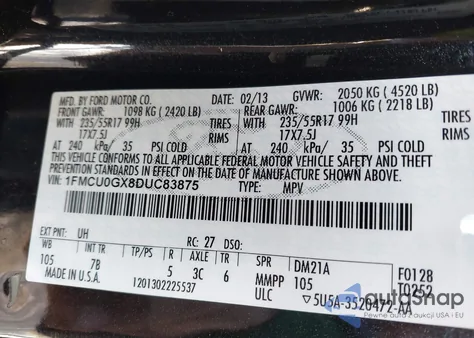 2013 Ford Escape Se from USA, damaged, VIN 1FMCU0GX8DUC83875